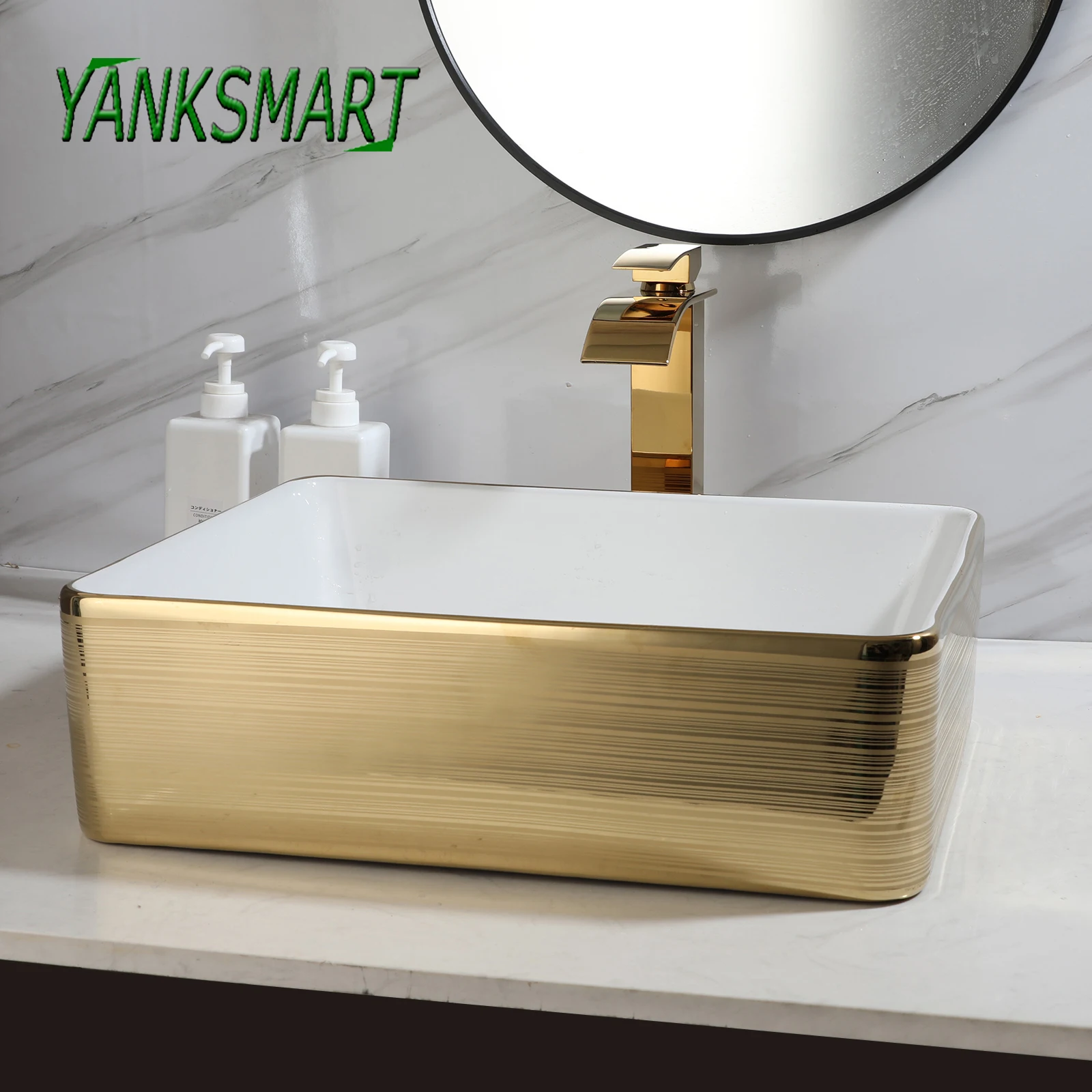 YANKSMART-Juego de lavabo de baño de estilo europeo, lavabo cuadrado, grifo dorado, combinación de drenaje emergente, Kit de grifo de lavabo de cerámica de alta gama