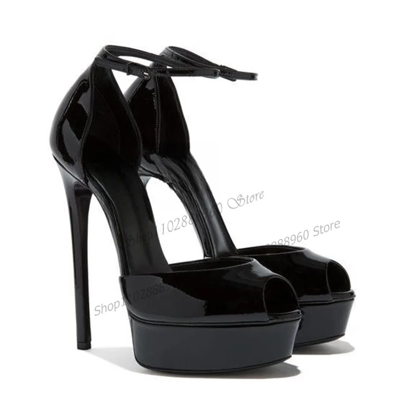 Black Patent Leather Side Empty Platform Sandals Thin High Heel Women Shoes Ankle Buckle Strap Peep Toe 2023 Zapatos Para Mujere