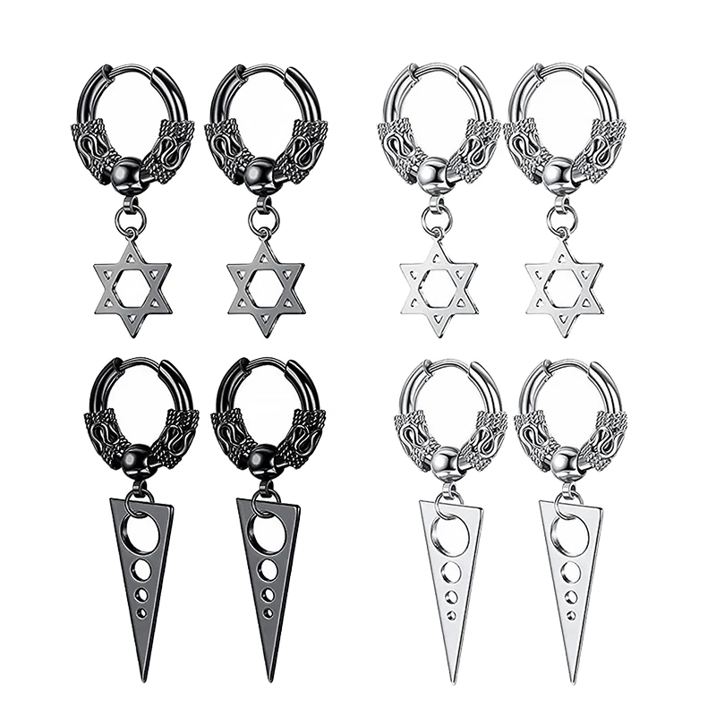 

2PC Gothic Punk Stainless Steel Drop Hoop Earrings For Men/Women Ear Circle Buckle Tassel Chain Hip Hop Gothic Unisex Jewelry