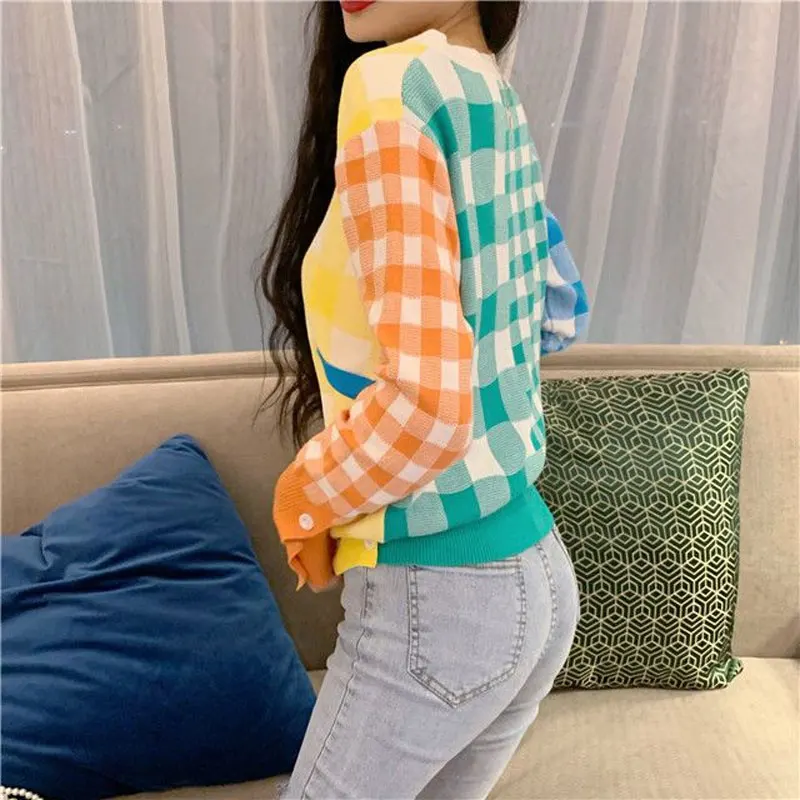 Stylish Plaid Spliced Fashion Asymmetrical Sweaters Spring Summer Thin Korean V-Neck Women's Clothing Single-breasted Cardigan