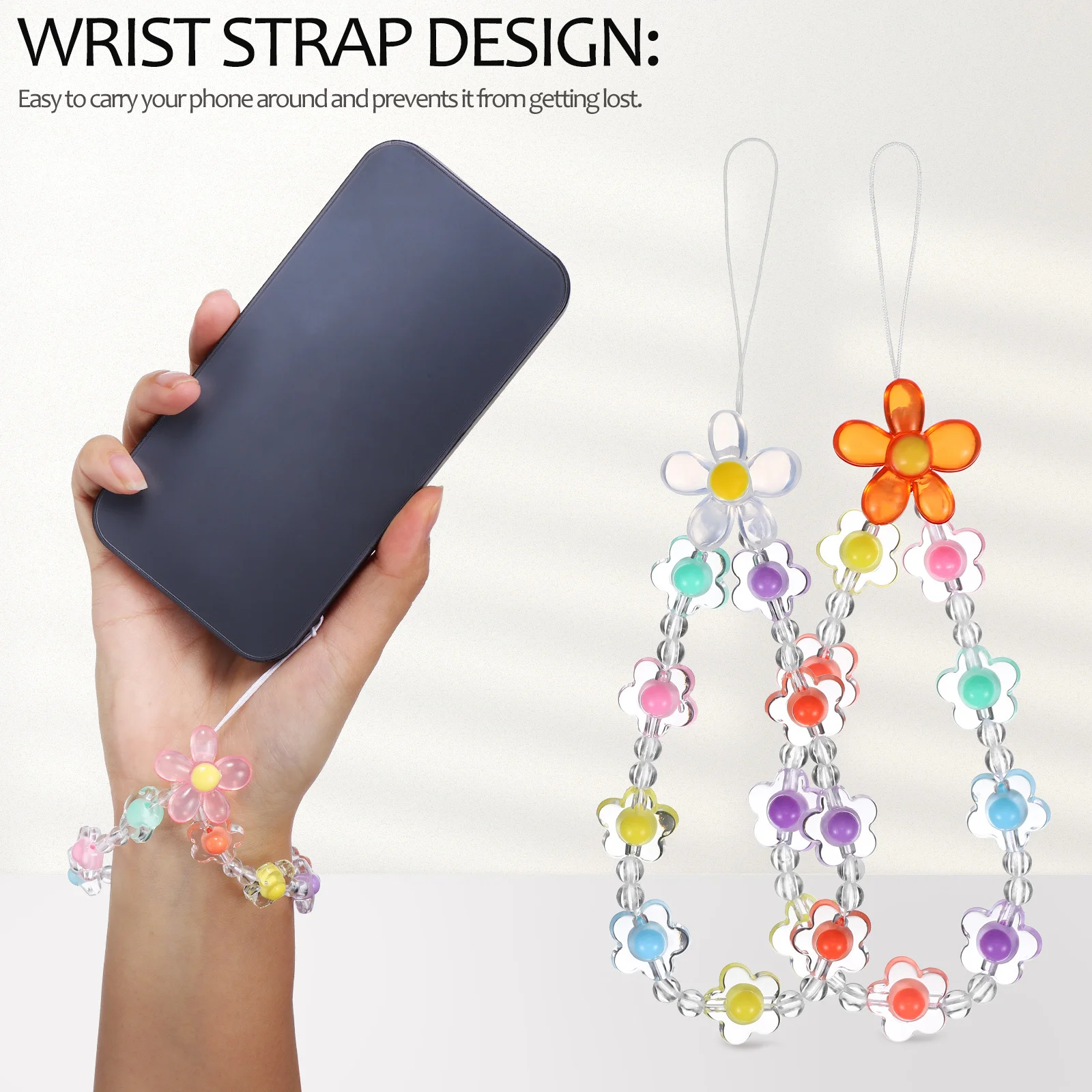

7Pcs Phone Lanyard Wrist Strap Beaded Flower Charm Durable Resin Material Comfortable to Touch Multiple Colors