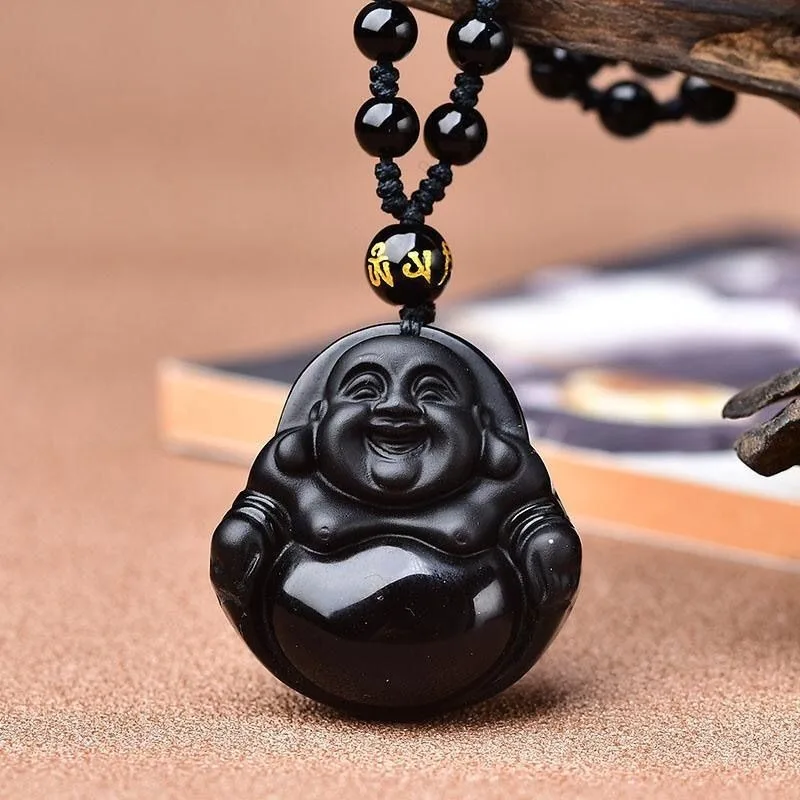 

Ожерелье с подвеской в виде Будды Майтрейи с большим животом из натурального обсидиана, мужские и женские модные аксессуары