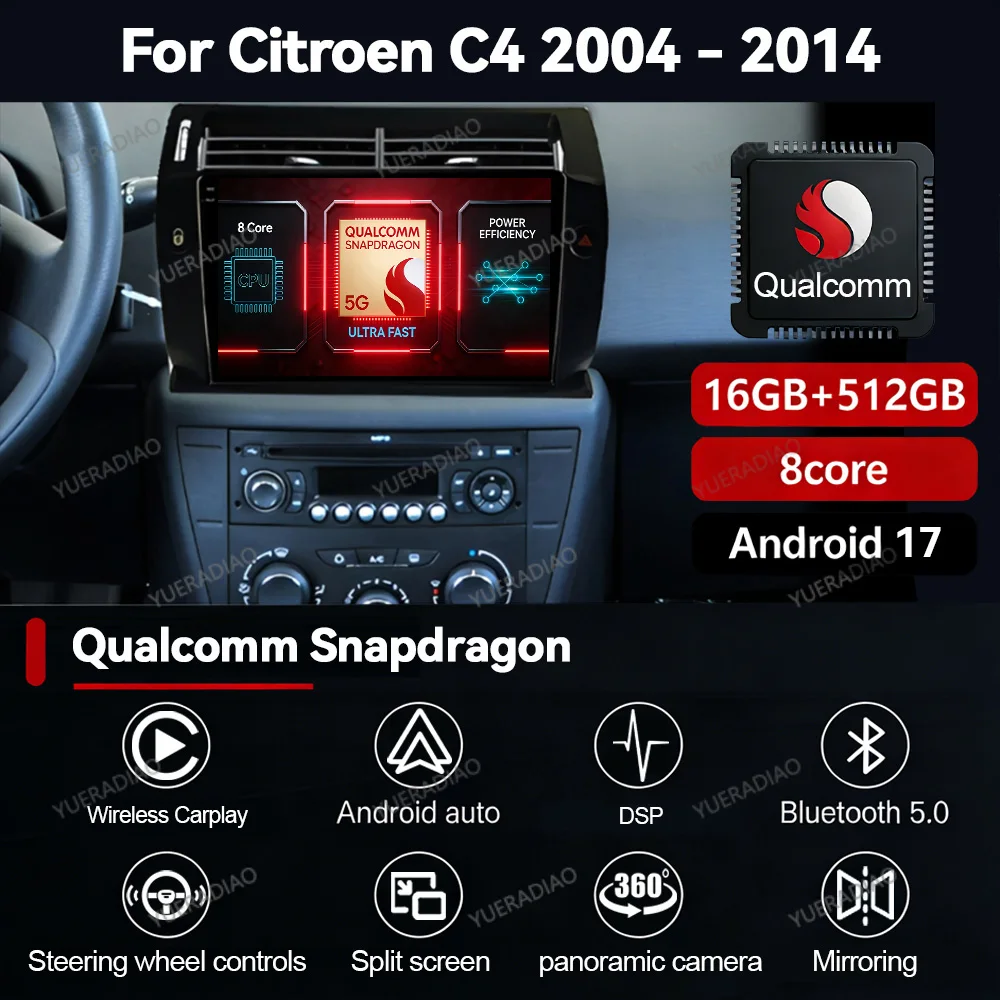 Android 17 Car Radio For Citroen C4 C-Triomphe Quatre 2004 - 2014 Multimedia Stereo Video Player 4G WIFI 2DIN QLED Head Unit BT