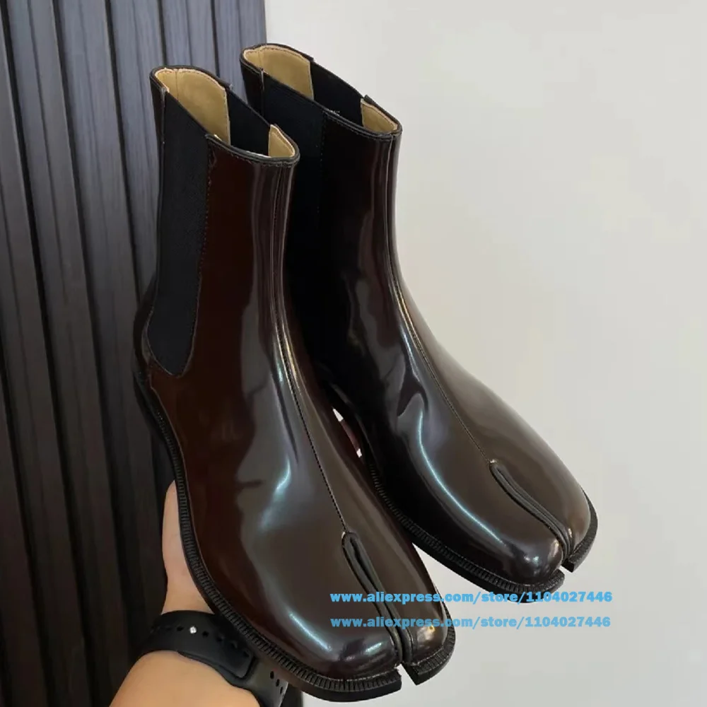 

Glossy Black Tabi Boots Men's Split Toe Elastic Band Booties Novelty Designer Trendy Luxury Handmade Men's Boots Men Botas