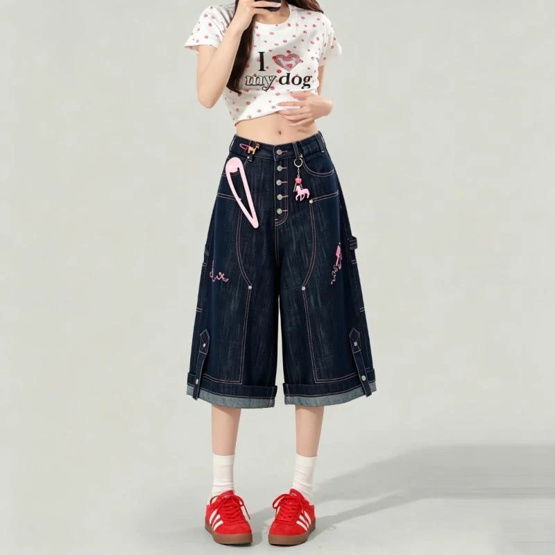 Summer Women's Button Decoration Design Denim Shorts Cute Girl Calf-length Pant High Waist Half Trousers Female Retro Streetwear