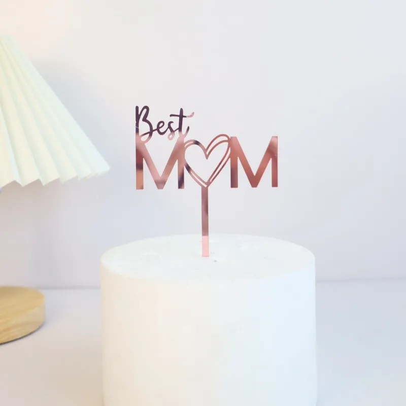 Best Mom Mother\'s Day Party Cake Topper Pink Red Love You Mum Acrylic Cake Topper for Mommy Birthday Party Cake Decorations Gift