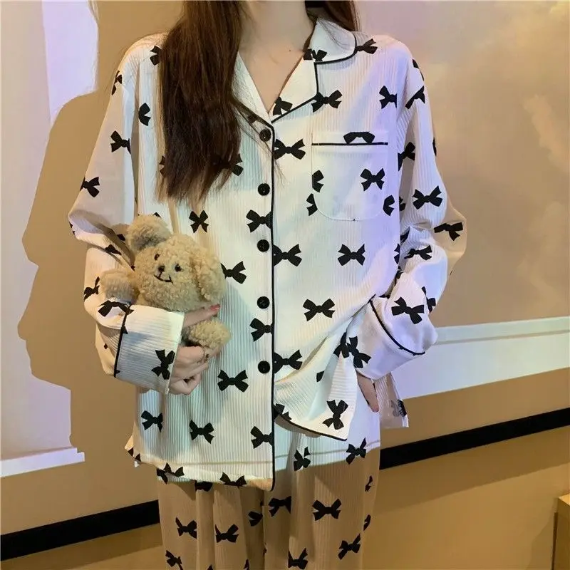 Pajama Sets Women Bow Lovely Creativity Simple Daily All-match Tender Age-reducing Korean Style Basics Home Popular Comfortable