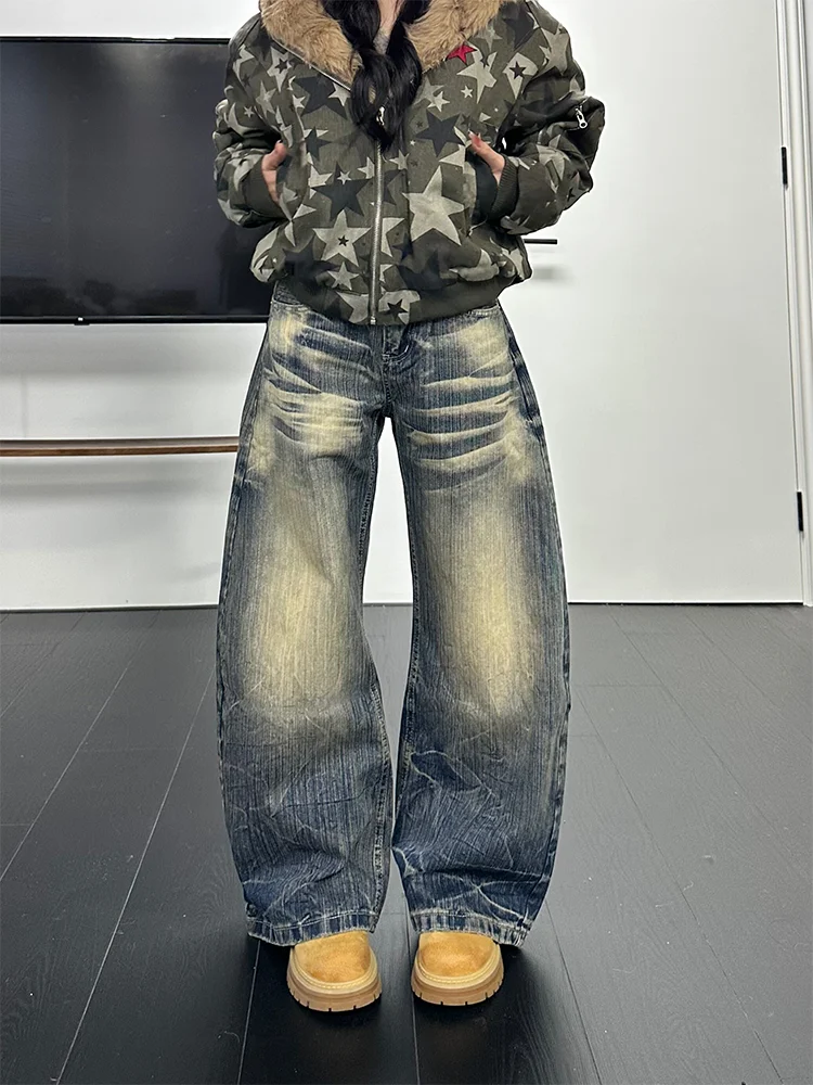 

Large Size American Retro Washed Distressed Ear Knife Jeans Women Loose Autumn Winter Drapey Casual Wide Leg Pants