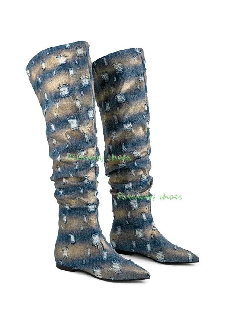 Hole Washed Denim Over-the-Knee Boots Pointed Tip Flat Wrinkle / Fold / Crease Thigh-High Boots Retro Luxury Women's Boots 2026
