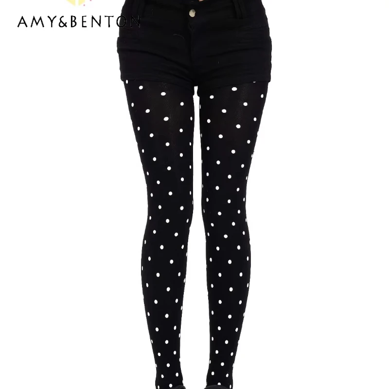 

Original Design Black Cute Polka Dot Print Women's Leggings Retro Childlike Sweet Cool Y2k Fashion Personalized Tights Ladies