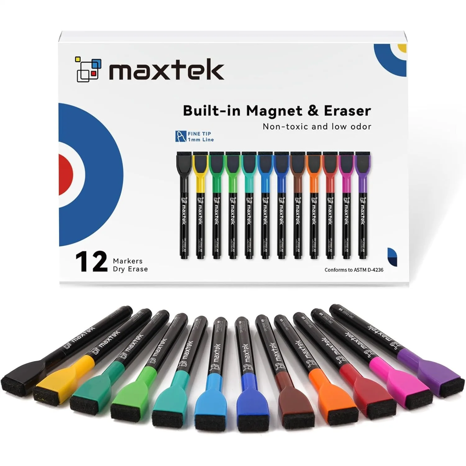 

12 Color Fine Tip Dry Erase Markers with Eraser, Low Odor Whiteboard Markers for Calendar and Magnetic Boards