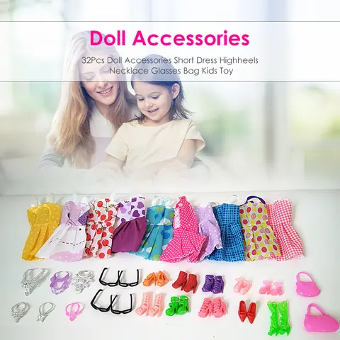 32 पीस रैंडम डॉल कपड़े और एक्सेसरीज़ शॉर्ट ड्रेस हाई हील्स नेकलेस ग्लास बैग बच्चों का खिलौना बार्बी डॉल शूज़ ग्लास के लिए 8 best sales बार्बी गुड़िया के कपड़े और सामान - №6