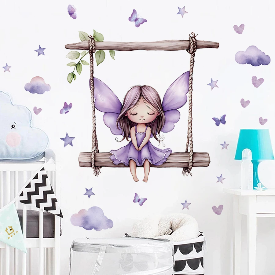 ملصقات حائط متأرجحة على شكل فراشة أرجوانية على شكل نجمة أرجوانية - ملصقات فينيل قابلة للإزالة لغرفة نوم الأطفال وديكور غرفة الخيال #3