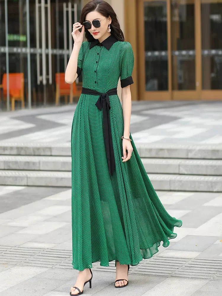 New Women Summer Green Plaid Chiffon Dress Fashion Contrast Color Turn-down Collar Short Sleeve Shirt Dress Elegant Long Dress