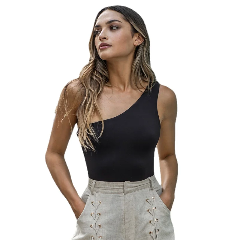 

2023 Summer New Fashion Womens Sexy One-Shoulder Bodysuit Slim Fit Backless Sleeveless Up Wear Clothing Diagonal Collar Top