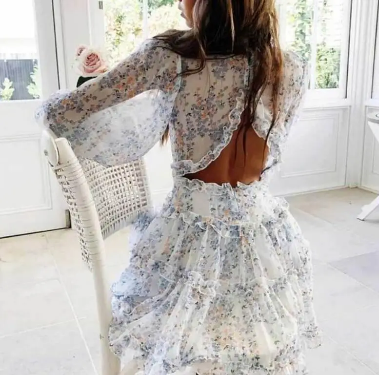 

2026 new in stock women's fashionable printed chiffon long sleeved V-neck dress with lining fabric