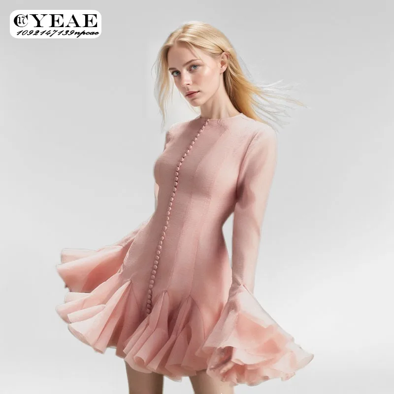 Layered Ruffle Edge Pink Short Dress Women Long Sleeve Chic Fairy Party Dress Fashion Single Breasted Dropshipping Wholesale 20