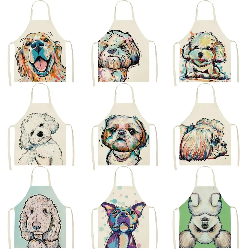 Kitchen Household Apron Nordic Puppy Animal Pattern Linen Cleaning Bib Home Kitchen Cooking Baking Adult Apron