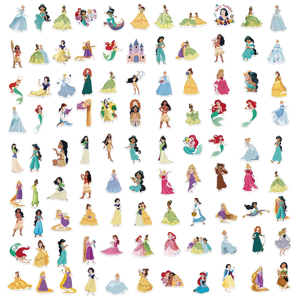 50/100PCS Disney Cute Cartoon Princess Stickers DIY Diary Laptop Luggage Skateboard Graffiti Decals Classic Toy