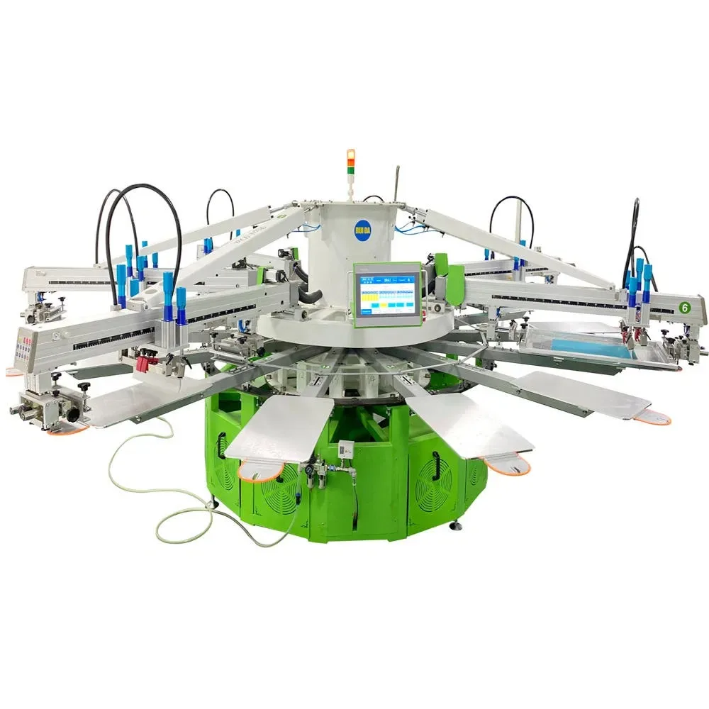 Automatic T-Shirt Screen Printer Rotary 6 Color 14 Station Micro Registration With ND5070 Flash Dryer