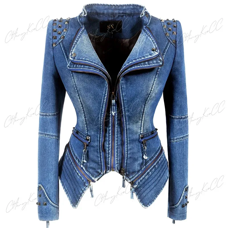 

XT8Punk Rivet Short Denim Slim Jackets Women Wash Long Sleeve Vintage Casual Studs Jean Outerwear Motorcycle Denim Coat LarXT6@!