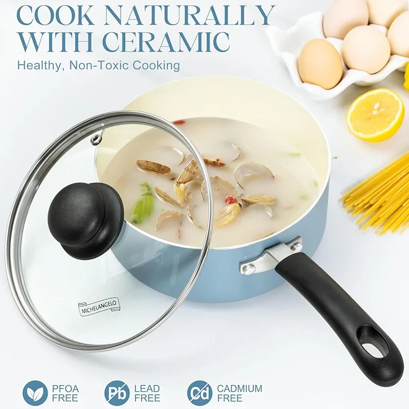 MICHELANGELO مقلاة صلصة غير لاصقة مع غطاء مجموعة قدر من السيراميك مع مقبض تبقى بارد وعاء التعريفي للطبخ في المطبخ غير سام