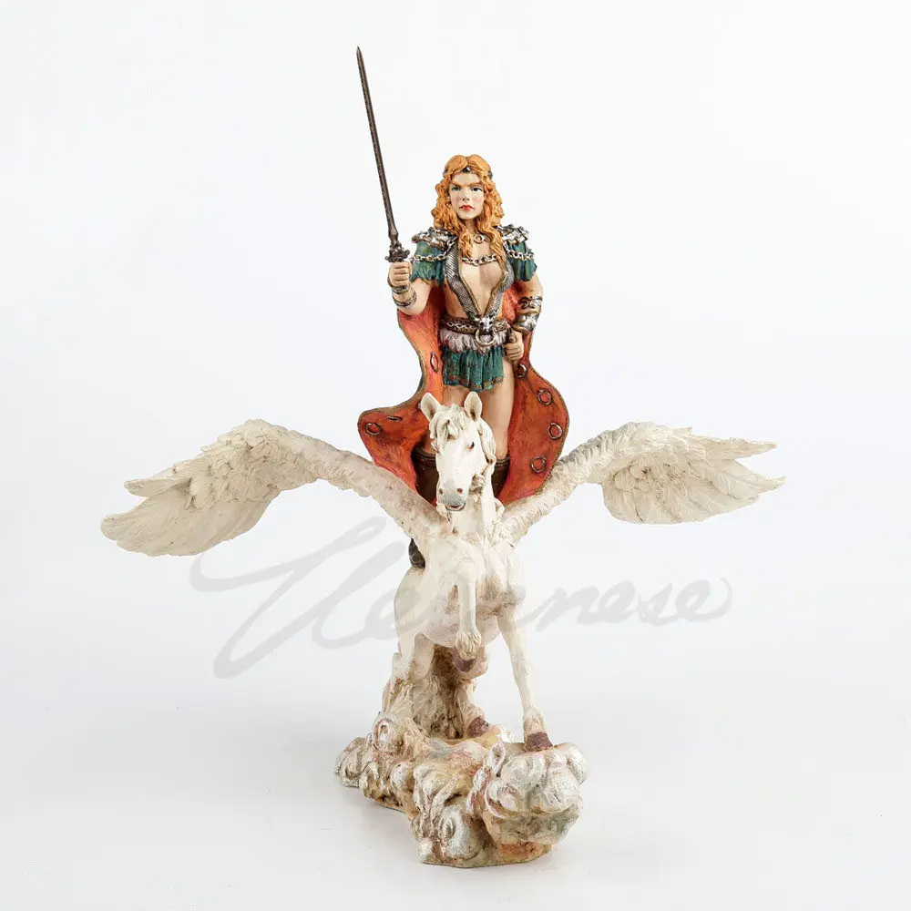 Steampunk Female Warrior Statue Pegasus Horse Sculpture Bronze Tone Fantasy Figurine Handcrafted Art Craft for Home Office Decor