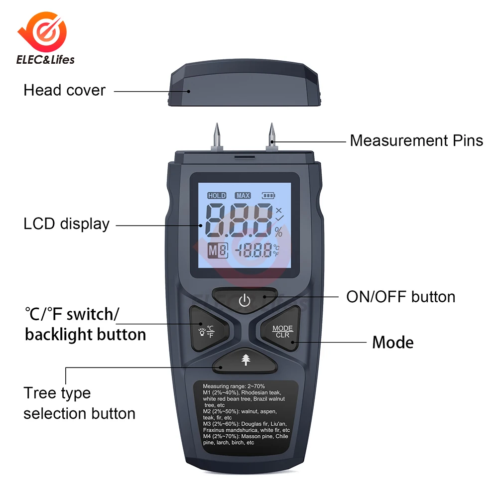 Digital Wood Moisture Meter Professional Timber Damp Tester Handheld Hygrometer Lumber Detector With HD LCD Display