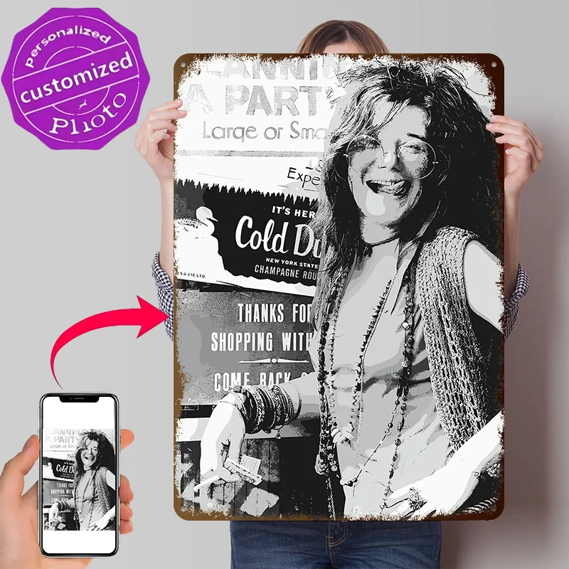 Janis Joplin With 'Cold Duck' Advertisement 3D Printed Texture Poster Personalized Wall Art Retro Metal Tin Signs for Home Decor