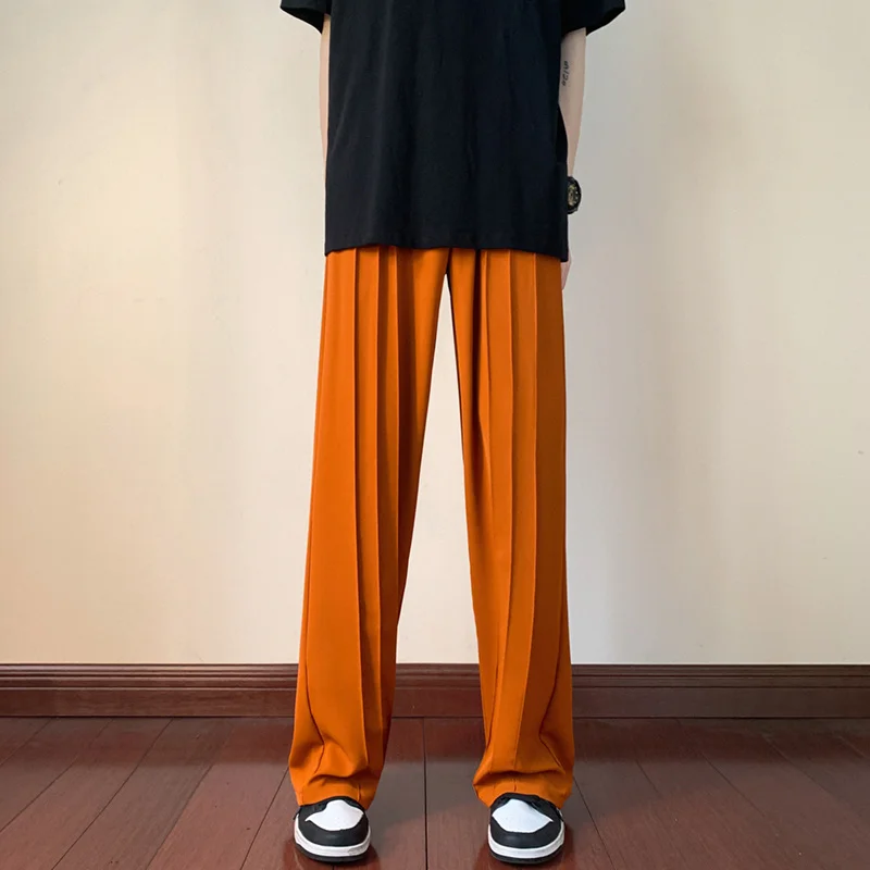 Summer Thin Pleated Pants Men Fashion Oversized Wide-leg Pants Men Korean Loose Straight Ice Silk Pants Mens Trousers S-2XL