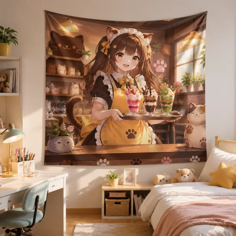 VIKAMA Cat Cafe Maid Dessert Master Tapestry Healing Series Warm Light Cat Girl Cafe Printed Hanging Cloth Anime Room Decor