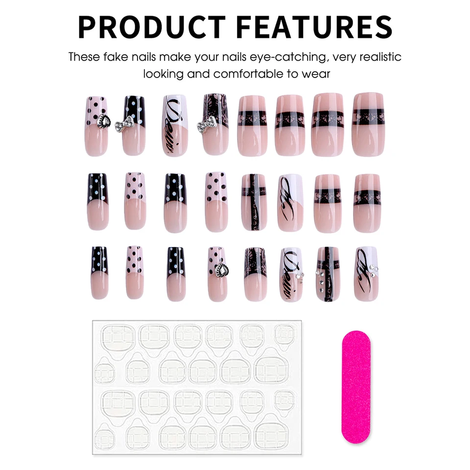 24 piezas uñas postizas ataúd mediana longitud con moños metálicos oscuros y corazones, estilo gótico con lunares 4