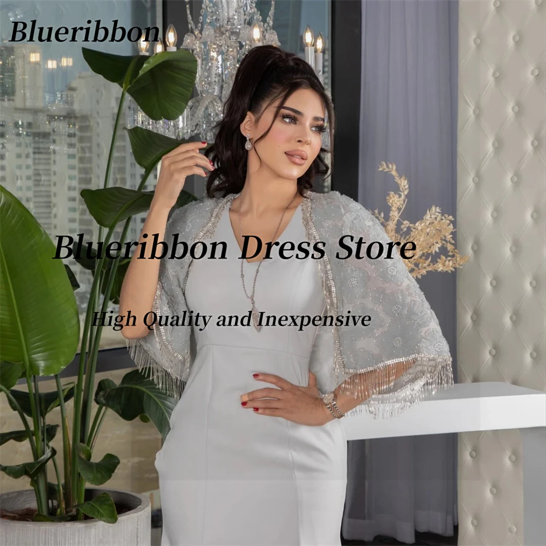 Blueribbon-vestidos de graduación con cuello en V para mujer, chal de flores con cuentas y borlas, vestidos de noche a medida, vestido de fiesta largo hasta el té