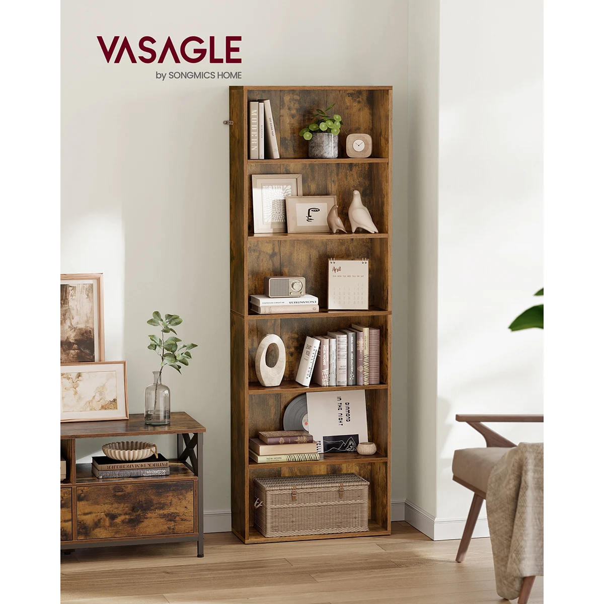 VASAGLE Bookcase, Bookshelf with 6 Shelves, for Living Room, Study, Office, Bedroom, Industrial Style, 24 x 60 x 178.5 cm