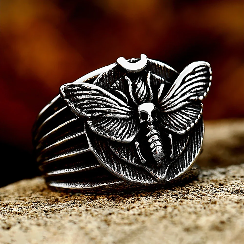 

Gothic Retro Stainless Steel Death's Skull Moth Luxury Butterfly Rings For Men Women Trendy Animal Ring Jewelry Gifts Wholesale