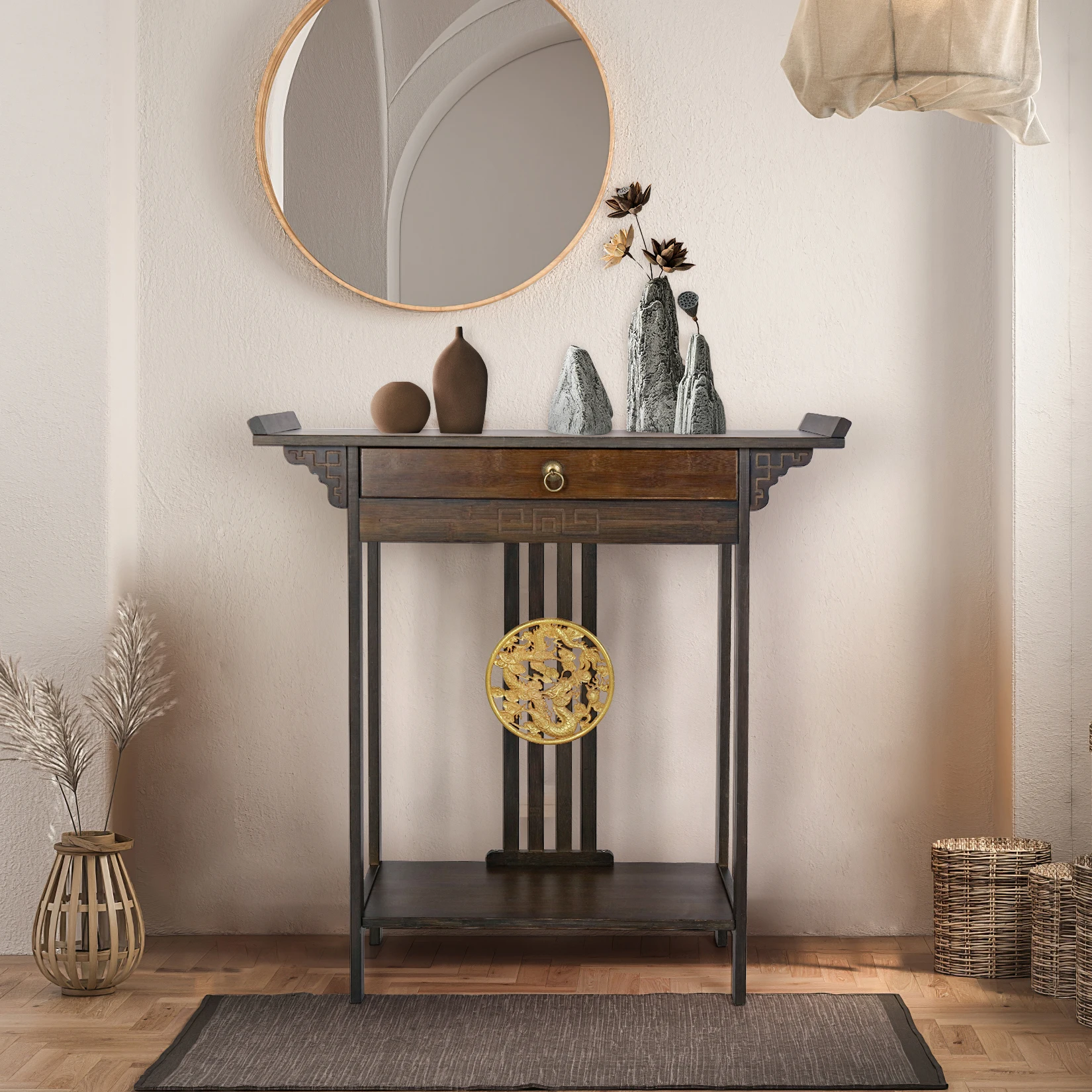 

with Pull Drawer & Shelf Living Room Furniture Vintage Rustic Console Table Hall Console Table Luxurious Totem Decor