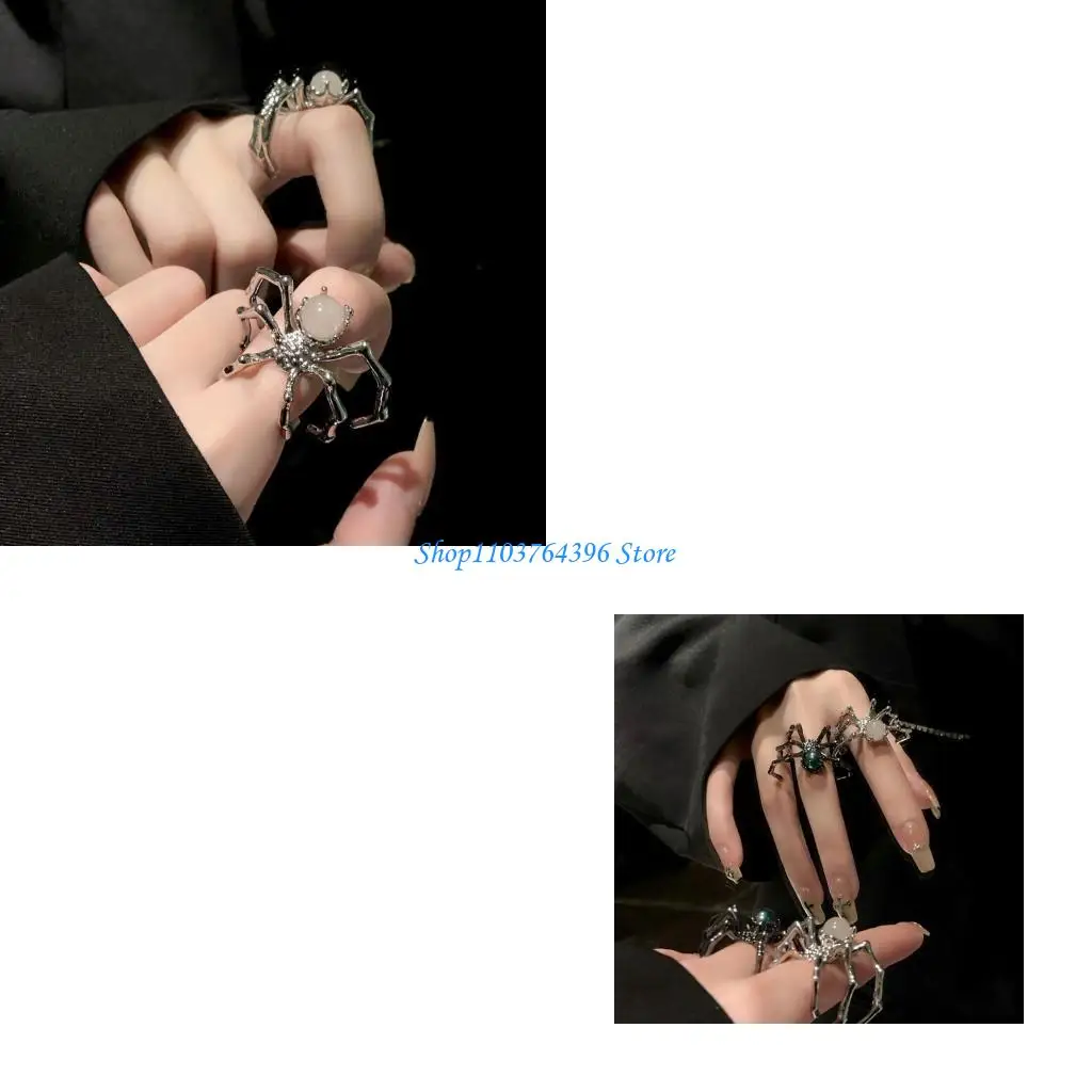 

Edgy Punk Jewelry Adjustable Dark Aesthetic Ring Featuring Moonstone Accent