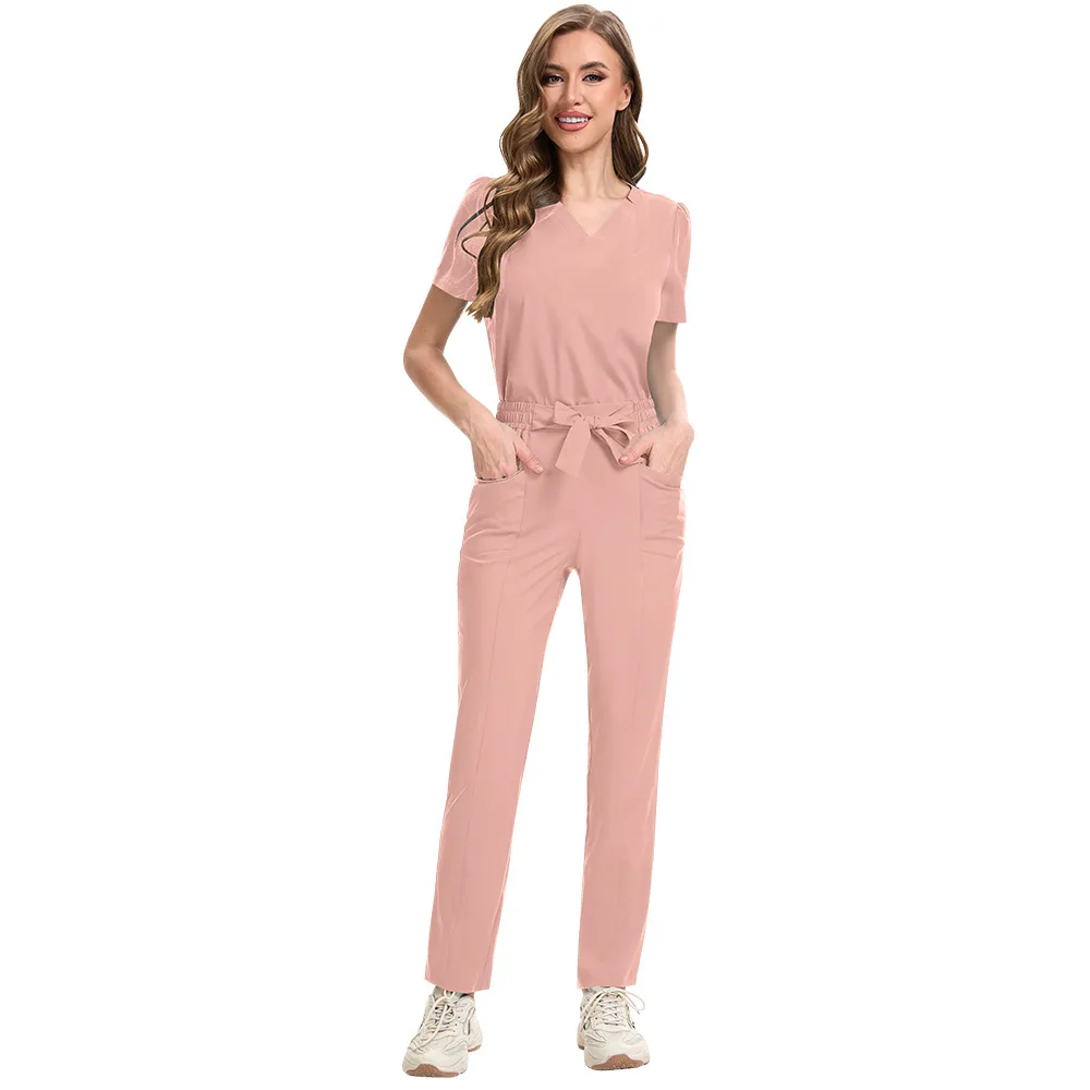 Loose Comfortable V-neck Solid Color Summer Thin Work Uniform Set - Beauty Salon SPA Two-piece