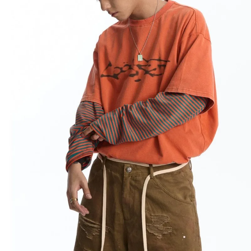 النمط الياباني ريترو فانتوم تي شيرت مطبوع الرجال وهمية قطعتين شريطية طويلة الأكمام البلوز تي شيرت للجنسين فضفاض الهيب هوب القمم