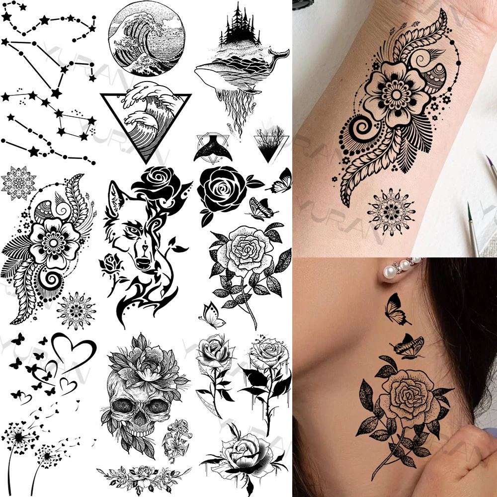 Mandala Butterflies Temporary Tattoos For Women Adults Realistic Rose Wave Wolf Fake Tatoos Hand Neck Waterproof Tattoo Sticker