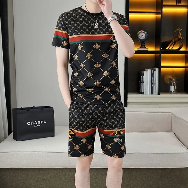 Men's Summer Ice Silk Casual Sports Suit Fashion Trend Printed Round Neck Short Sleeve Top Shorts Comfortable Two-piece Set