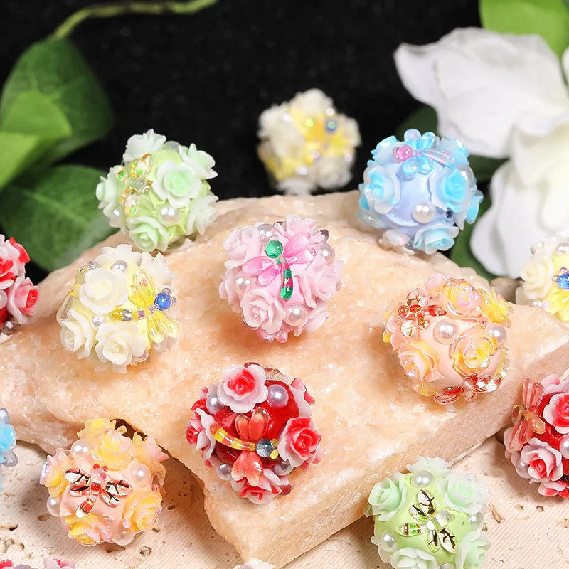 Newest Resin Flowers Decorated Round Gumball Floral Bubblegum Necklace Beads Ornament Accessories Material Pen Making 19mm 20pcs