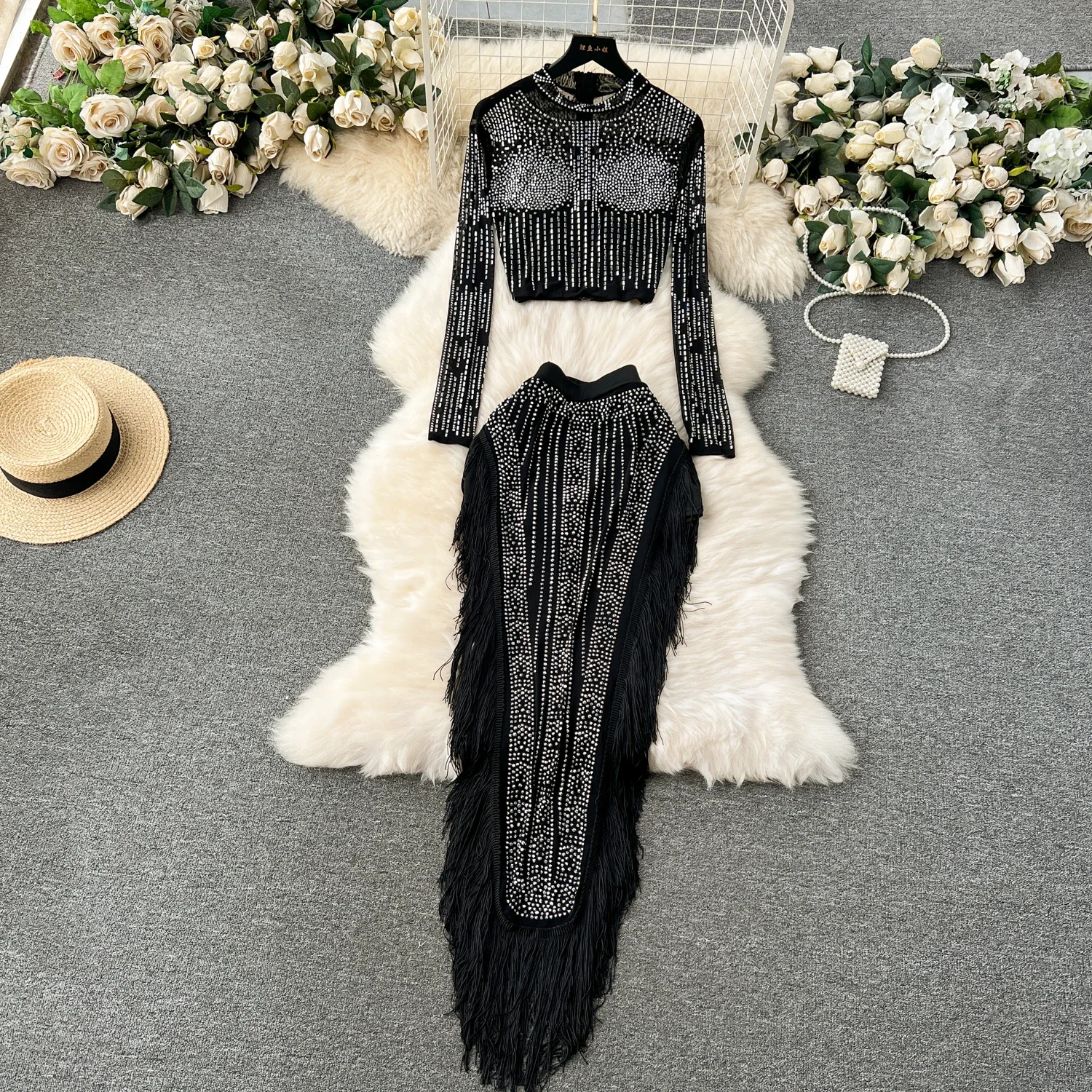 Elegant  Two-piece Sets O-neck Long Sleeves Chic Rhinestone Top Slim High Waist Tassel Skirt Evening High Street Autumn Clothing