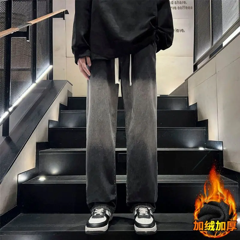 Herbst Und Winter Plus Samt Dicke männer Gerade Bein Jeans Trend Lose Amerikanischen Retro High Street Casual Breite Bein Hosen