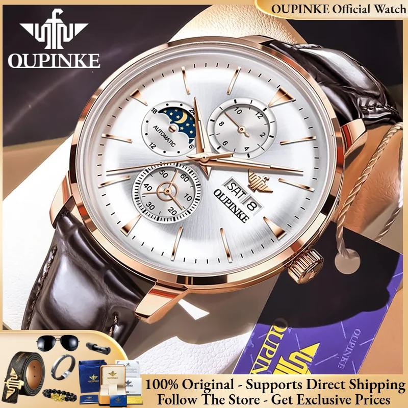 OUPINKE 3309 Men Brand Watch Luxury Automatic Mechanical Watch Fashion Sports Moon Phase Waterproof Chronograph Men Formal Watch