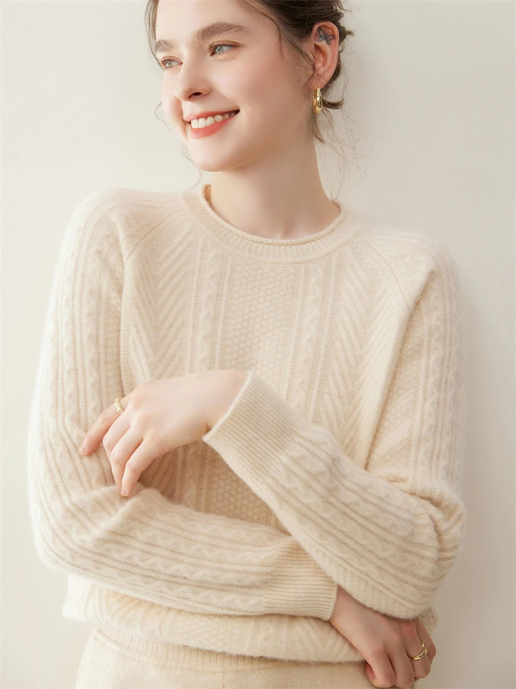 Jersey con cuello redondo y punto de Cable para mujer, suéter de punto de Cachemira de 100% grueso, cálido y suave, ropa elegante, Otoño e Invierno