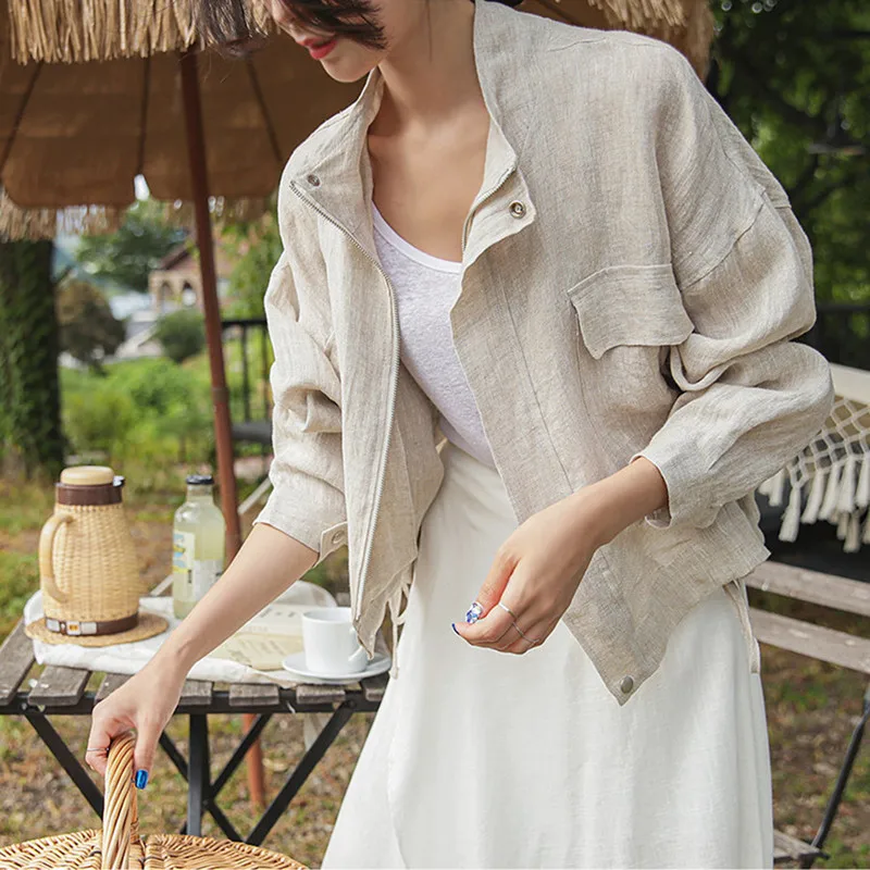 

REALEFT 2024 New Cotton and Linen Women's Cargo Jacket Pockets Stand Collar Spring Autumn Long Sleeve Casual Outwear Coat