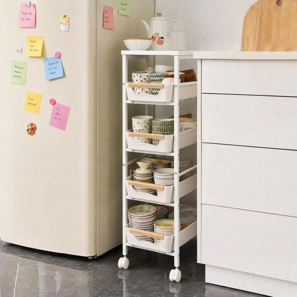 5-Tier Slim Rolling Storage Cart With Wooden Top, 9.5