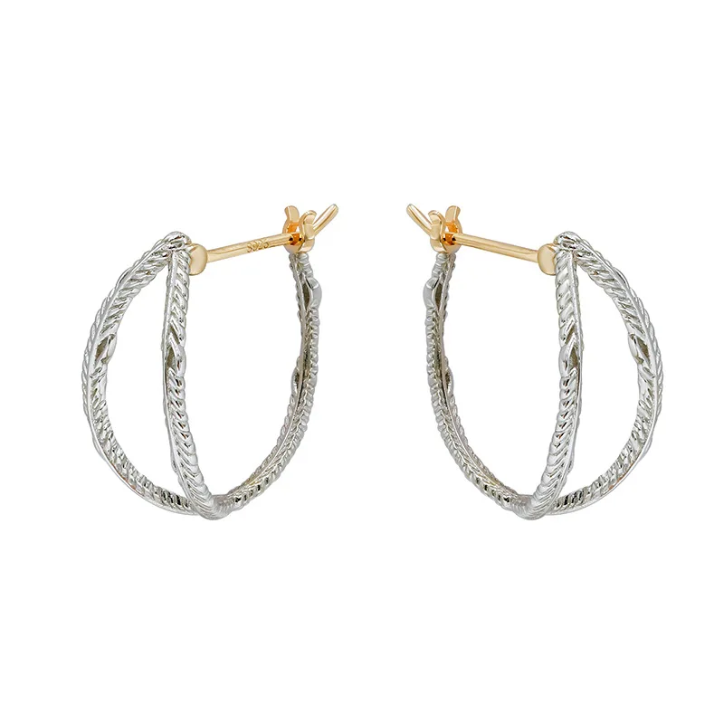

French retro simple irregular line hollow design S925 silver plated 14K gold plain silver earrings