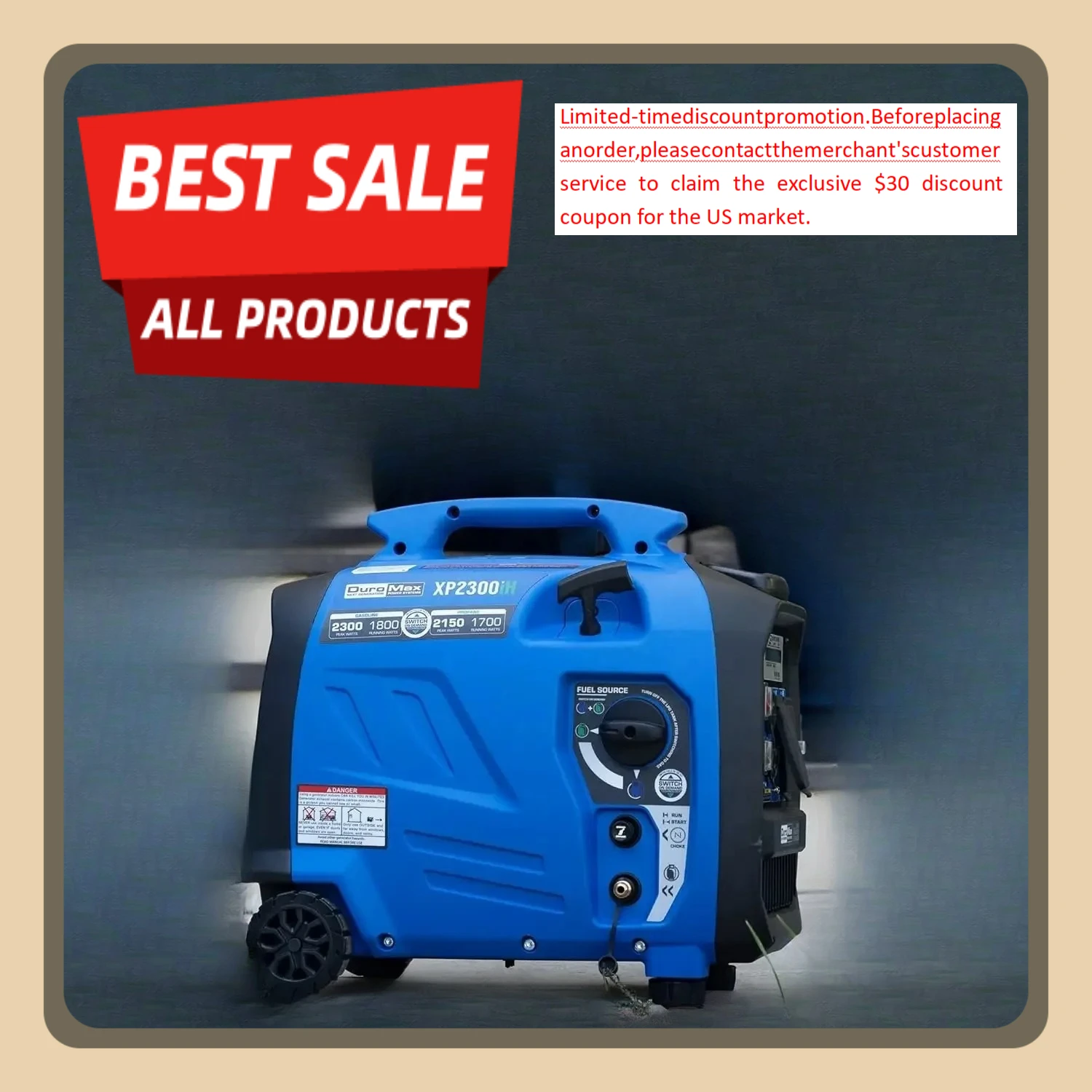 

[XMSJ-Limited Stock, Buy Now!]2300-Watt 80cc Dual Fuel Digital Inverter Hybrid Portable Generator, Blue